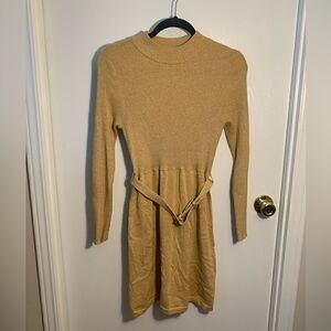 Free People EUC gold metallic knit high neck belted long sleeve dress size S